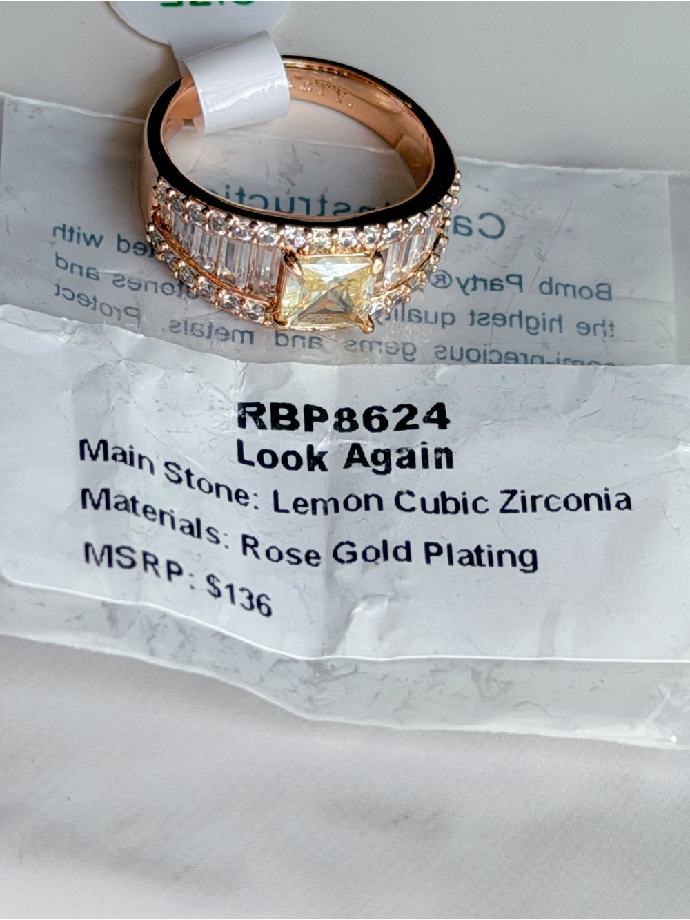 Bomb Party Lemon CZ Statement Ring Rose Gold Plate Sz 8 NWT Princess Cut Bagette - Picture 5 of 5
